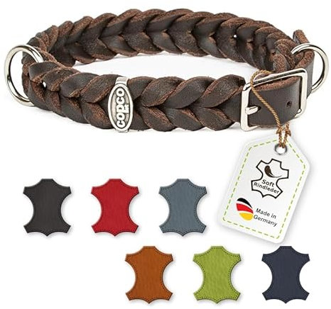 CopcoPet Fettleder Halsband 60–65cm x 25mm Braun – Geflochten mit Zugstopp-Kette – Robust & weich – Verchromte Kette – Lederhalsband für große Hunde, Training & Alltag