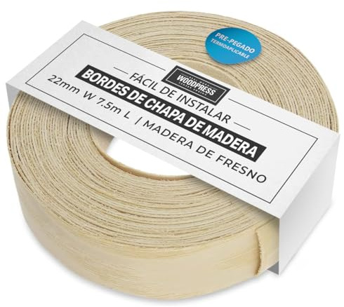 WoodPress® 22mm Real Ash Wood Iron-On Edging – 7.5m Roll – Pre-Glued Wood Veneer Tape for Easy DIY Application – Will Cover the Edge of a Standard MDF Panel