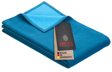 Ibena Stockholm Bio Wolldecke 140x200 cm - 100% Baumwolle, Made in Germany, Baumwolldecke türkis blau zweifarbig