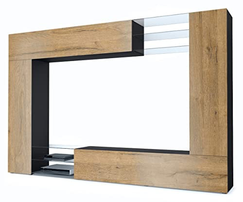 Vladon Wohnwand Mirage, Made in Germany, Anbauwand mit Rückwand mit 2 Türen, 2 Klappen und 6 offenen Glasablagen, Schwarz matt/Eiche Natur (262 x 183 x 39 cm)