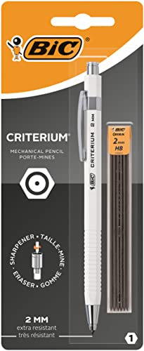 BIC Criterium 2 mm HB-Druckbleistift - schwarzer oder weißer Schaft, 1er Blister + 6 Nachfüllminen HB