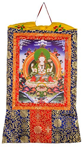 Thangka Chenrezig Avalokitesvara Kunstdruck im tibetischen Brokatrahmen 105cm x 63cm