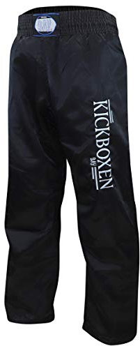 BAY® EDEL Stick Kickboxhose, Größe 150, komplett schwarz, gestickte Schrift Kickboxen, Thaiboxhose lang, Hose Kick-Boxen Thaiboxen Muay Thai, Satinhose, Black
