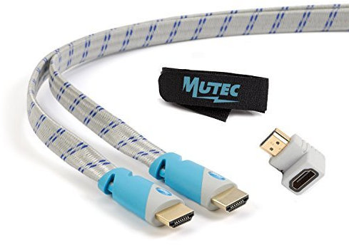 MutecPower Cavo piatto HDMI ad alta velocità con Ethernet (5 M) 1.4a - Supporto 3D e ARC - 5 metri - con un adattatore HDMI e una fascetta per cavi - grigio e blu intrecciato