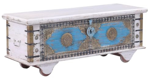 Marrakesch Vintage Deko Sitzbank mit Stauraum aus Holz 115cm groß | Truhe Holzkiste mit Deckel Murali als Schlafzimmer Wohnzimmer Möbel | Bank Schuhbank mit Sitzfläche für den Flur als Flurmöbel