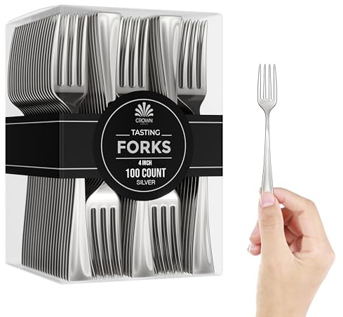 Exquisite Plastic Mini Forks 100CT Premium Quality Silverware Silver Look Alike Heavy Duty Plastic Tasting Dessert Forks