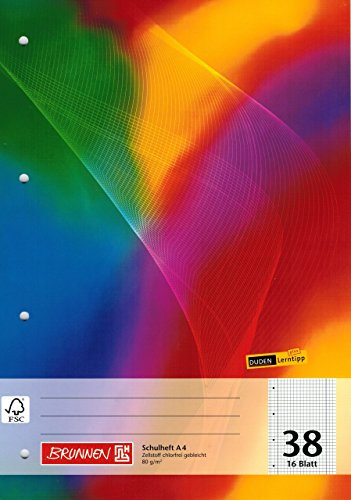 Schulheft/Rechenheft BRUNNEN 16 Blatt - Din A4 / Lineatur 38 (5 mm kariert mit Randlinie/perforiert und gelocht)