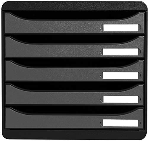 Exacompta 309738D Premium Ablagebox mit 5 Schubladen für DIN A4+ Dokumente. Stapelbare Schubladenbox mit hoher Kapazität für mehr Platz auf dem Schreibtisch Big Box Plus Metallic Schwarz|Silber