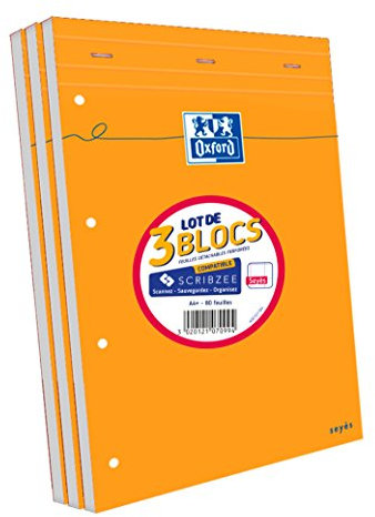 OXFORD lot 2+1 blocs agrafés perforés 210x315 80g 80 feuilles seyès couverture orange