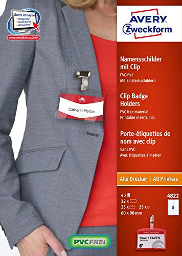 AVERY Zweckform 4822 Namensschilder Set (90x60 mm, bedruckbare Einsteckschilder mit Ausweishülle + Clip, Ideal für Veranstaltungen, 25 Hüllen und 32 Einsteckkarten auf 4 DIN-A4 Bogen) weiß