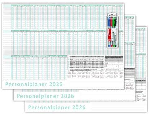 3 Stück Urlaubsplaner/Personalplaner 2026 nass abwischbar mit Folienkaschierung inkl. Stifteset - DIN B2 Format (700 x 500mm) 22 Mitarbeiter Januar bis März Folgejahr mit Schulferien (gerollt!)
