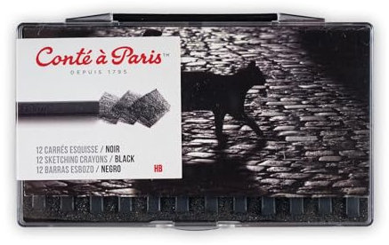 Conté á Paris 50236 Carré Pierre Noire B 12er Box – Hochpigmentierte Zeichenkreide für Skizzieren & Zeichnen – Intensives Schwarz für Schattierungen & Details in Künstlerqualität
