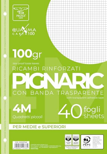 Pigna 02222374M, Ricambio con Banda Rinforzata, Rigatura 4M, quadretti 4 mm per 4° e 5° elementare medie e superiori, Carta 100g/mq, Pacco da 40 Fogli