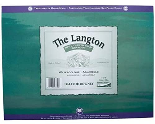 Daler-Rowney The Langton Watercolour Paper, Cold Pressed, 300 gsm, 140lb, Pad, Glued 4 Sides, 14 x 10in - 35.6 x 25.4 cm, Natural White, 12 Sheets
