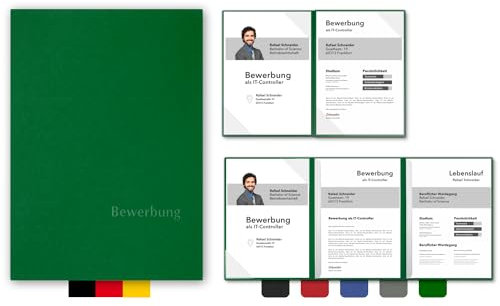 5 Stück 4-teilige Bewerbungsmappen BL-exclusivdruck® MEGA-plus in Blattgrün - Premium-Qualität mit edler Relief-Prägung 'Bewerbung' - Produkt-Design von 'Mario Lemani'