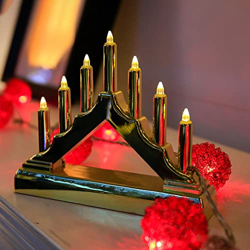 Hellum, LED-Kerzenleuchter, Schwibbogen, Kunststoff, Gold, 7 warm-weiße LEDs, 16x13 cm, Indoor, batteriebetrieben (2AA), Weihnachts-Dekoration, 520965