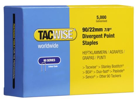 Tacwise 0313 Typ 90/22 mm Verzinkte Schmalrückenklammern, 5000 Stück | Divergierende Spitze
