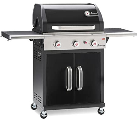 LANDMANN | Gasgrill 3 Brenner | Gusseisenrost | Grillfläche: ca. 65 x 44 cm | Für 4-6 Personen | Deckelthermometer | Elektronische Zündung | 4 feststellbare Rollen | Klappbare Seitentische | Schwarz