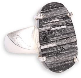 Budawi® Schwarzer Turmalin Ring – Echter Edelstein in 925er Sterling Silber | Naturbelassene Oberfläche, oval geschliffen, Handarbeit – Ringgröße 61