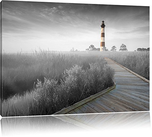 Pixxprint schöner Leuchtturm mit Steg B&W, Größe: 80x60cm, Leinwandbild, fertig gespannt, Wandbild, Dekoration, Kunstdruck, kein Poster