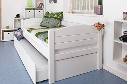 Einzelbett/Gästebett Easy Premium Line K1/s Voll inkl. 2. Liegeplatz und 2 Abdeckblenden, 90 x 200 cm Buche Vollholz massiv weiß lackiert