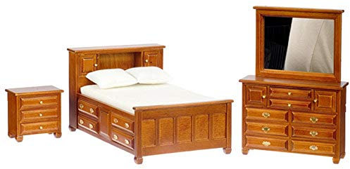 Dolls House Walnut Bedroom Suite Miniature Furniture Set with Storage Double Bed