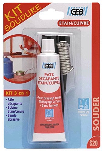 GEB Kit soudure étain/cuivre pour soudure sur canalisation sanitaire. Contient un tube de pâte décapante 50ml + 1 bobine soudure 20g + 1 bande abrasive