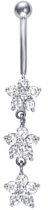 Jewelco London Ladies 9ct White Gold White Round Brilliant Cubic Zirconia Flower Trilogy Dropper Banana Belly Bar, 10mm