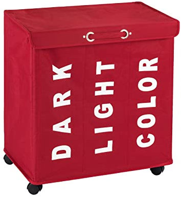 WENKO Wäschesammler Trivo Rot, Stabiler Wäschekorb mit Vier leichtgängigen Rollen und Deckel, 116 l Stauraum und DREI Fächer, (B x H x T): 56 x 60 x 35 cm, Aufschriften Dark, Light, Color