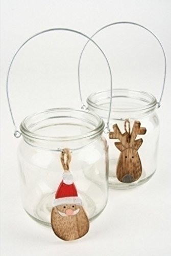 Deko Glas Windlicht mit Nikolaus und Rentier verziert und Metall Bügel. 2 Modelle, 6 Stück