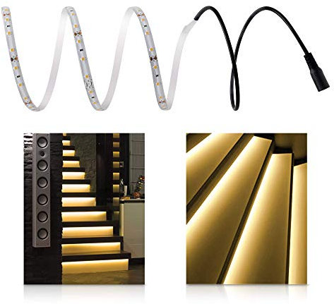 LED Universum Warmweiße Treppenbeleuchtung für den Innenbereich, Komplett-Set für 7 Stufen, jeweils 1m LED Streifen + 0,5m Anschlusskabel, 7,2 W/m, 300 lm/m, IP20