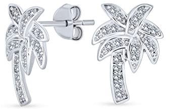 Nautical Hawaiian Pave Cubic Zirconia CZ Tropical Beach Vacation Palm Tree Stud Earrings For Women Teen .925 Sterling Silver