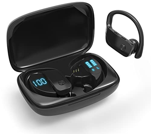 JCK Auricolari Bluetooth Senza Fili con Custodia da Ricarica 65 Ore di Tempo di Utilizzo, Bassi Potenziati, Microfoni Integrati, Prova di Sudore, Cuffie Senza Fili per Samsung iPhone Huawei Xiaomi