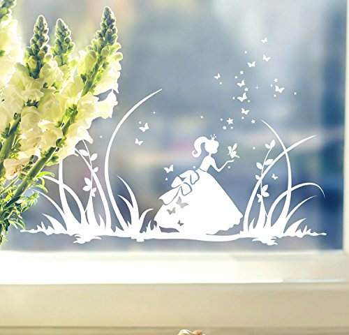 ilka parey wandtattoo-welt® Fensterbilder Kinder Frühling Kinderzimmer Prinzessin Schmetterlinge Wiese M1368f (weiß)