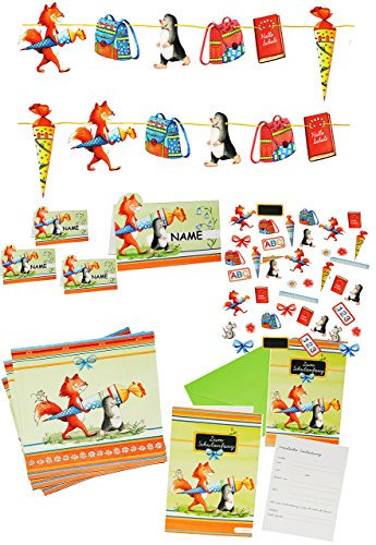 alles-meine.de GmbH XXL Set: Servietten + Tischkarten + Einladungskarten incl. Umschlag + Streumotive + Girlande - Fuchs mit Schultüte - zum Schulanfang/Party Schuleinführu..