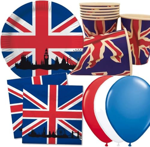 DH-Konzept 40-tlg. Party-Set * GROSSBRITANNIEN & UNION JACK * mit Pappteller + Servietten + Pappbecher + Deko | Teller Becher Luftballons Geschirr UK GB England London Big Ben