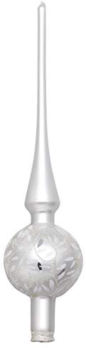 Christbaumspitze Glas 30cm mit Ornamenten mundgeblasen handbemalt Weihnachtsbaumspitze weiß matt