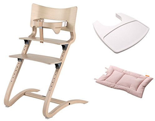 Leander Stuhl white wash - Hochstuhl - Kinderstuhl - Erwachsenenstuhl mit Babybügel + Tablett weiß + Kissen soft pink