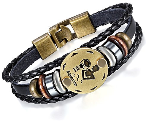 Flongo Lederarmband Horoskop Armband Damen Armkette Herren Armreif, Leder-Armband Armreif Manschette Manschettenknopf Schwarz Gold Golden Horoskop Tierkreis Sternzeichen Sternbild Wassermann