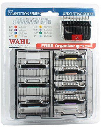 WAHL Pettini in acciaio inossidabile, pettini per Standard Max 45, pettini in plastica resistente, linguette colorate, set di 8, organizzazione facile, pettini Clipper Guide, multicolore, 8 pezzi (confezione da 1)