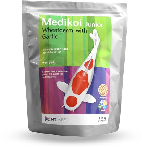NT Labs Medikoi Wheatgerm Garlic Junior 3mm Pond Pellets (1.75kg) | Low protein koi food utilises highly digestible wheatgerm and garlic extracts for cold water winter feeding.