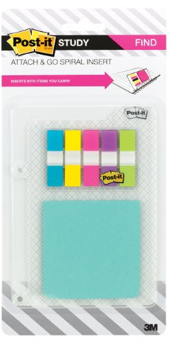 Post-it Study Attach and Go Insert for Spiral Notebooks, includes Attach and Go Full Adhesive Notes and Flags