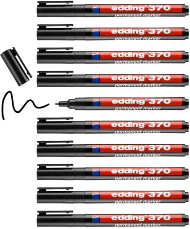 edding 370 Permanentmarker - schwarz - 10 Stifte - feine Rundspitze 1 mm - wasserfest, schnell-trocknend - Multimarker, Universalstift - für Karton, Kunststoff, Holz, Metall, Glas, Stein, Leinwand