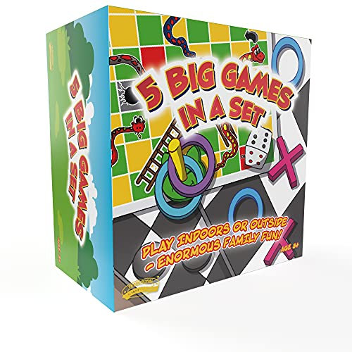Traditional Garden Games 5-in-1 Jumbo Game Set – Snakes & Ladders, Noughts & Crosses, Draughts, Ring Quoits & Puzzle – Giant Indoor & Outdoor Family Fun with Easy-Store Carry Box