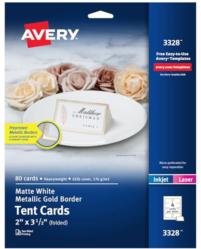 Avery Printable Tent Cards, 2 x 3.5, White, Metallic Gold Borders, Laser/Inkjet Printable, 80 Blank Place Cards (3328)