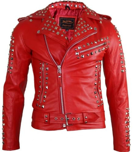 MDM Herren Biker Lederjacke mit Nieten Verzierung, Rot, Rindsleder (Gr. S)