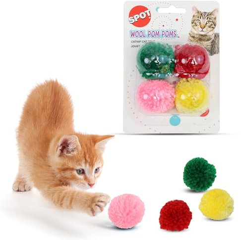Wool Pom Poms with Catnip 4 Pk Pompones de Lana Ethical Pet con Hierba gatera, Paquete de 4