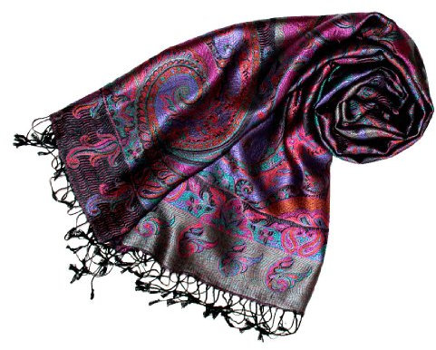 LORENZO CANA Luxus Pashmina Damenschal Schaltuch jacquard gewebt 100% Seide 70 cm x 190 cm Paisley Muster Seidenschal Seidentuch Seidenpashmina harmonische Farben, Violett, 70 x 200 cm
