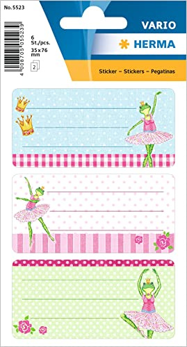 HERMA 5523 Buchetiketten zum Beschriften Froschballerina, 6 Stück, 76 x 35 mm, selbstklebend, liniert, Buchaufkleber für Schule Kinder Mädchen Jungen, mehrfarbige Heftetiketten Aufkleber, bunt