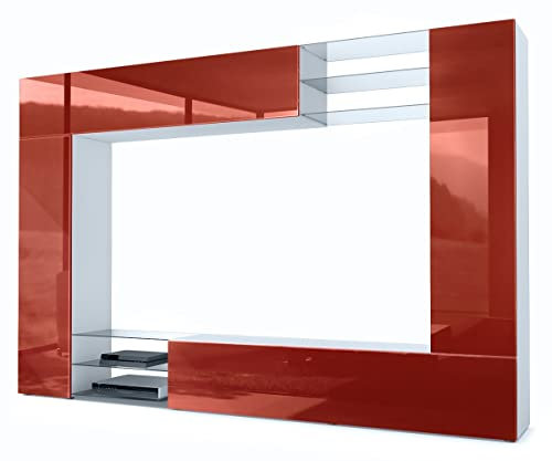 Vladon Wohnwand Mirage, Made in Germany, Anbauwand mit Rückwand mit 2 Türen, 2 Klappen und 6 offenen Glasablagen, Weiß matt/Bordeaux Hochglanz (262 x 183 x 39 cm)